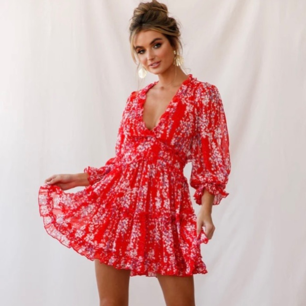 Laney Cutout Back Ruffle Detail Floral Dress Red - NEVER WORN